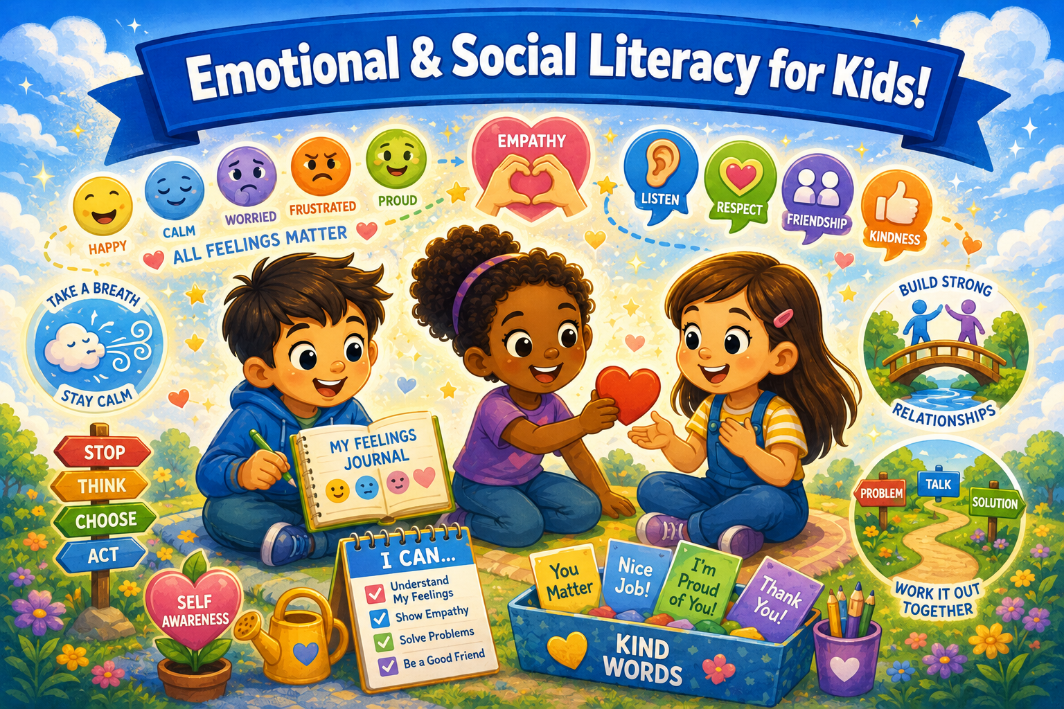 Illustrated classroom-style hero artwork for the Emotional and Social Literacy for Kids curriculum