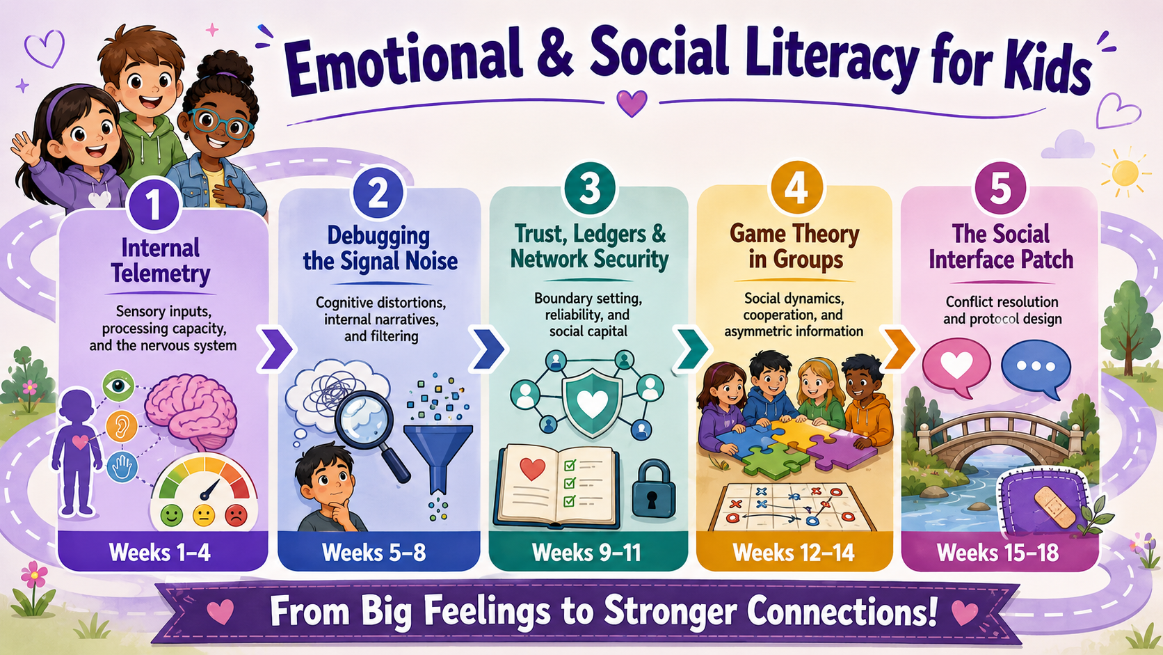 Visual roadmap showing the Emotional & Social Literacy for Kids curriculum sequence